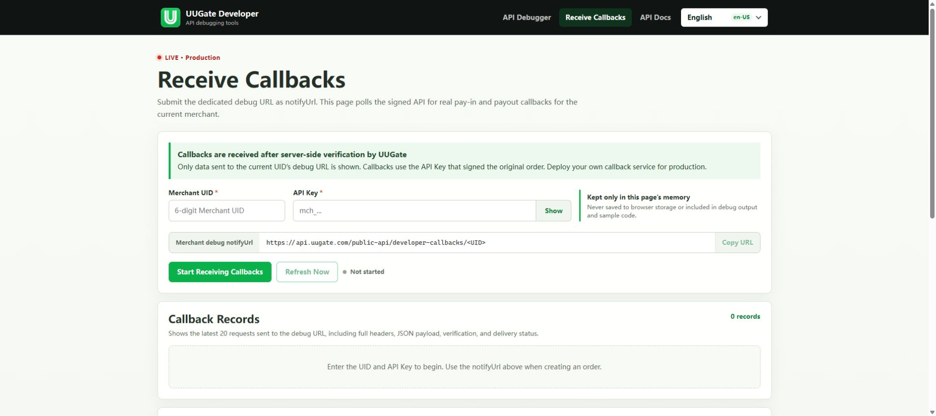 Receive and debug callbacks, Step 1