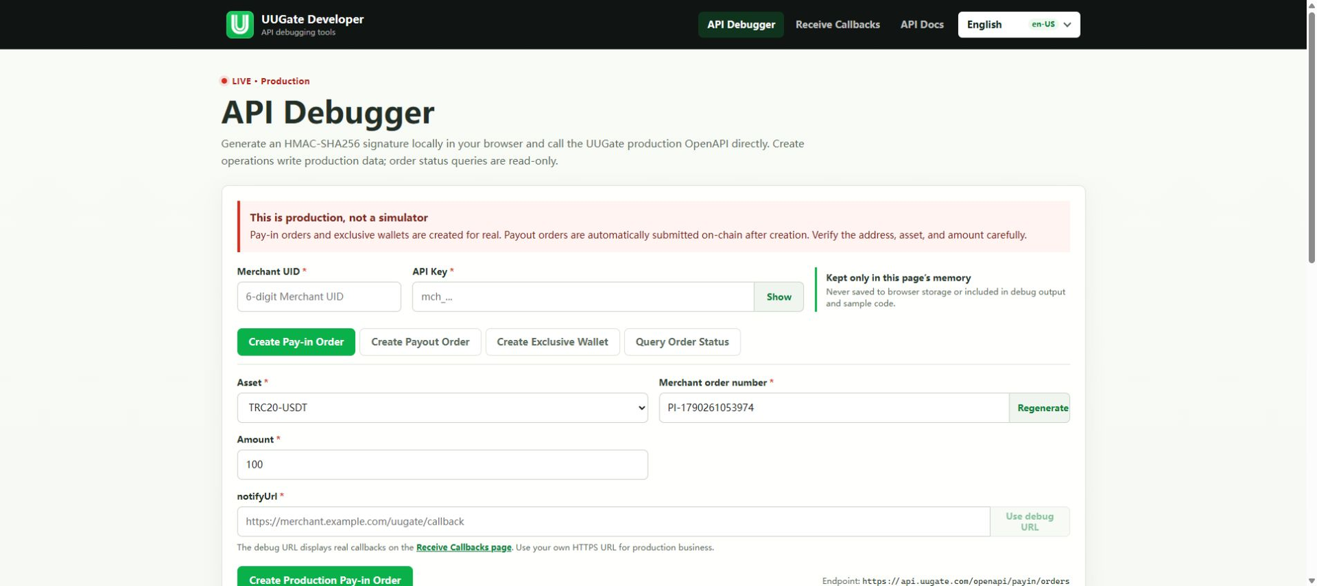 USDT / USDC collection API: create and query orders, Step 1