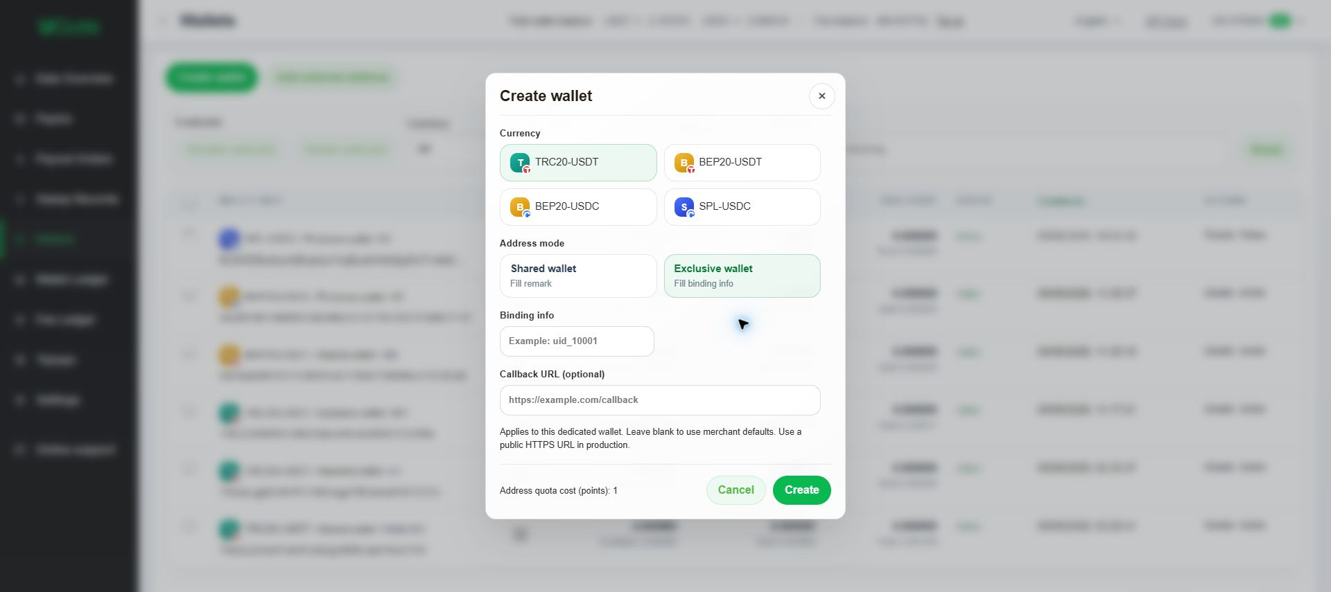 Exclusive wallets for deposits — recommended, Step 2