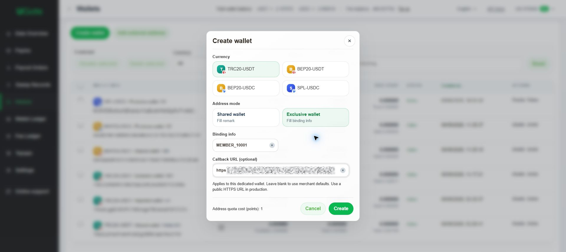 Choose between shared, exclusive and external wallets, Step 1