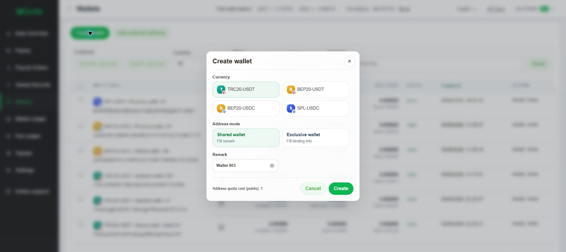 Choose between shared, exclusive and external wallets, Step 2
