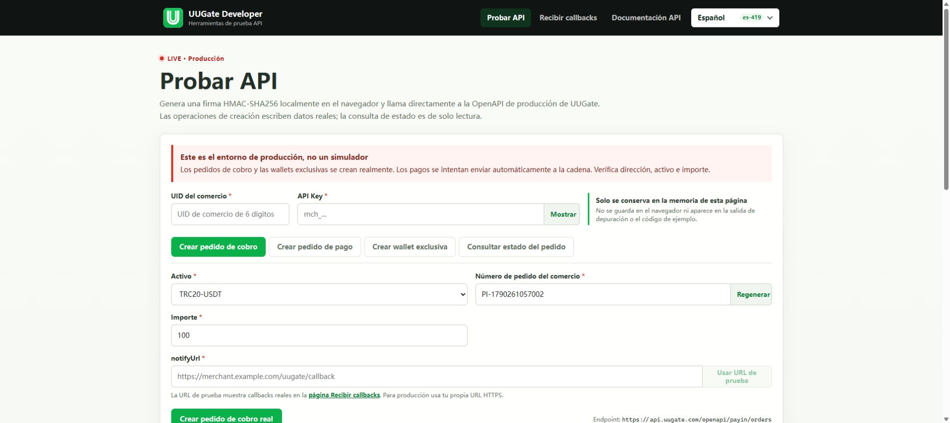 API de cobros USDT / USDC: crear y consultar órdenes, Paso 1