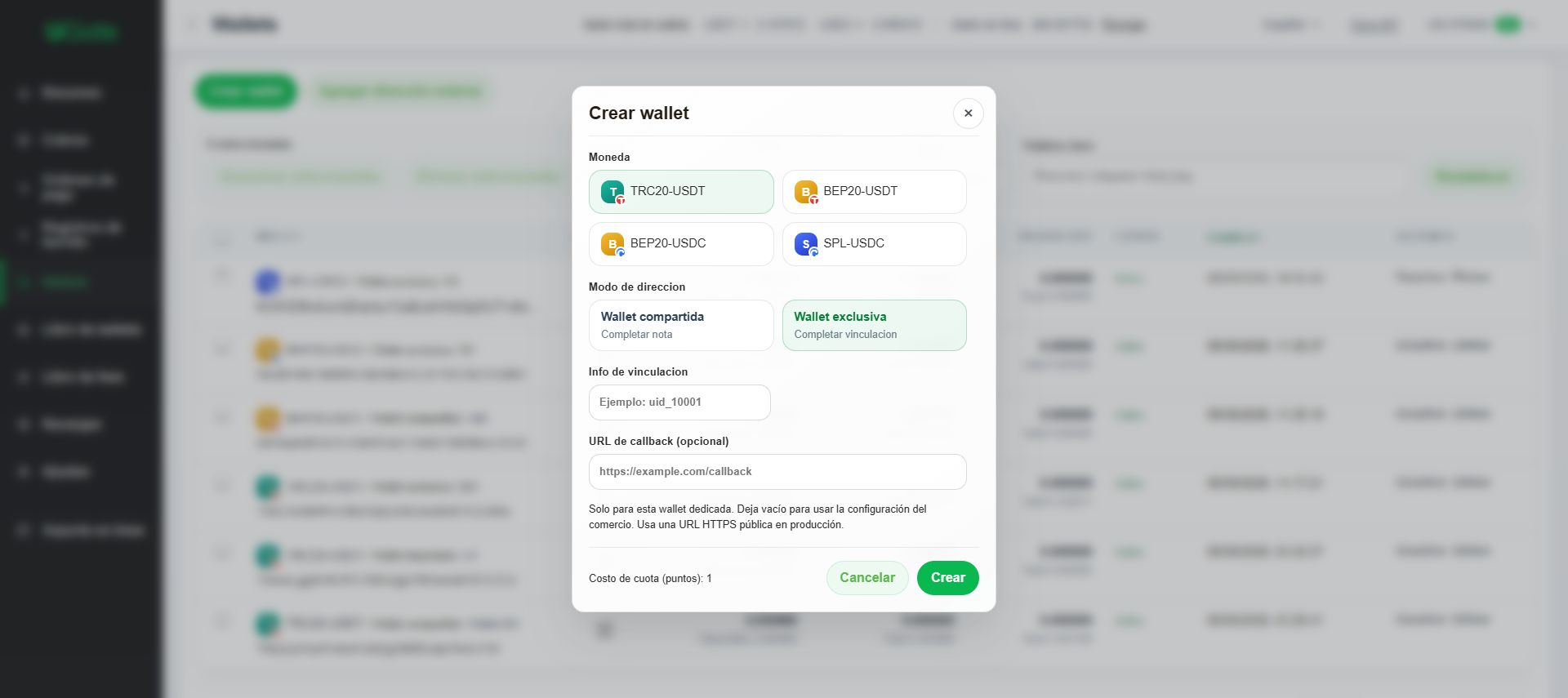 Wallet exclusiva para depósitos — recomendada, Paso 2