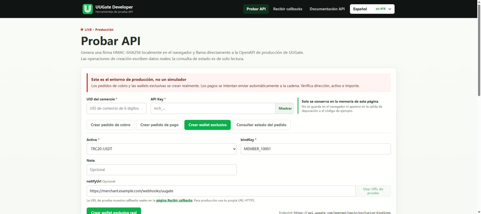 Wallet exclusiva para depósitos — recomendada, Paso 6