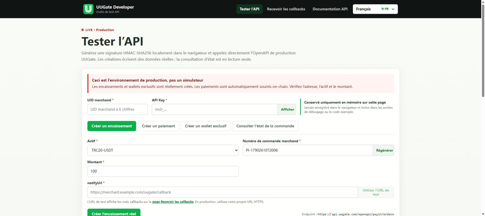 API d’encaissement USDT / USDC : créer et consulter les ordres, Étape 1