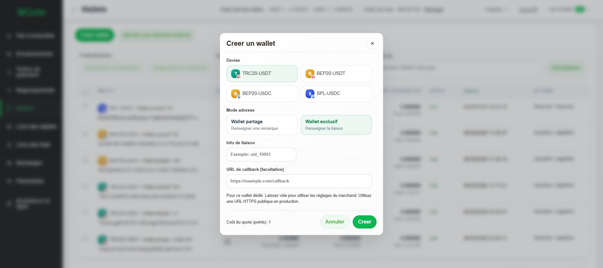 Wallet exclusif pour les dépôts — recommandé, Étape 2