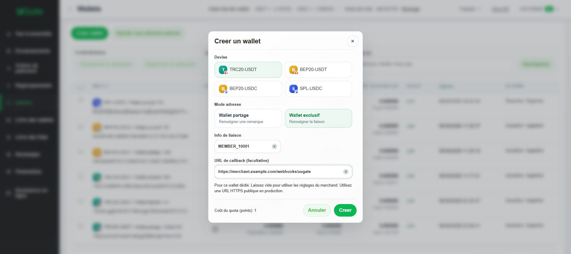 Choisir un wallet partagé, exclusif ou externe, Étape 1