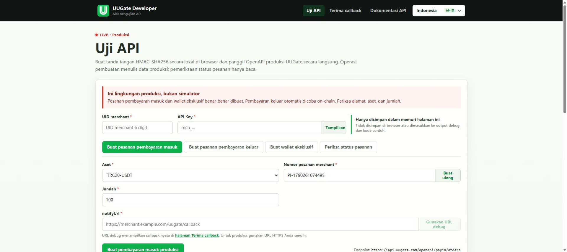 API penerimaan USDT / USDC: membuat dan memeriksa order, Langkah 1