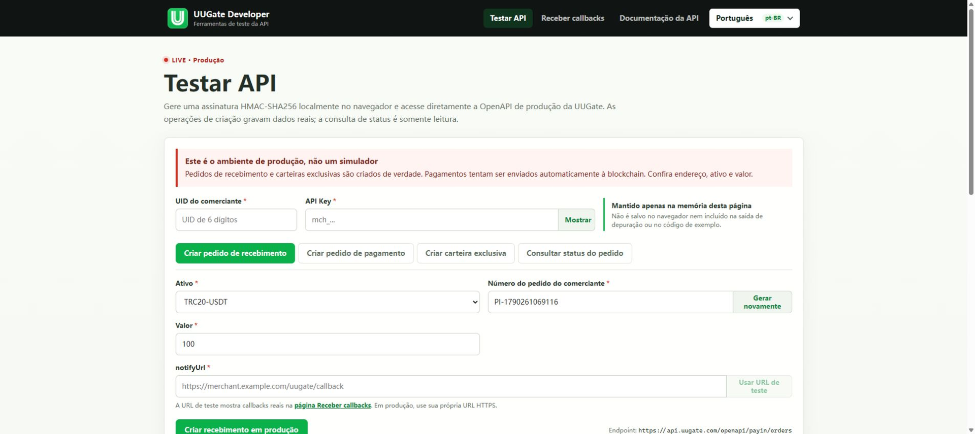 API de recebimentos USDT / USDC: criar e consultar pedidos, Etapa 1