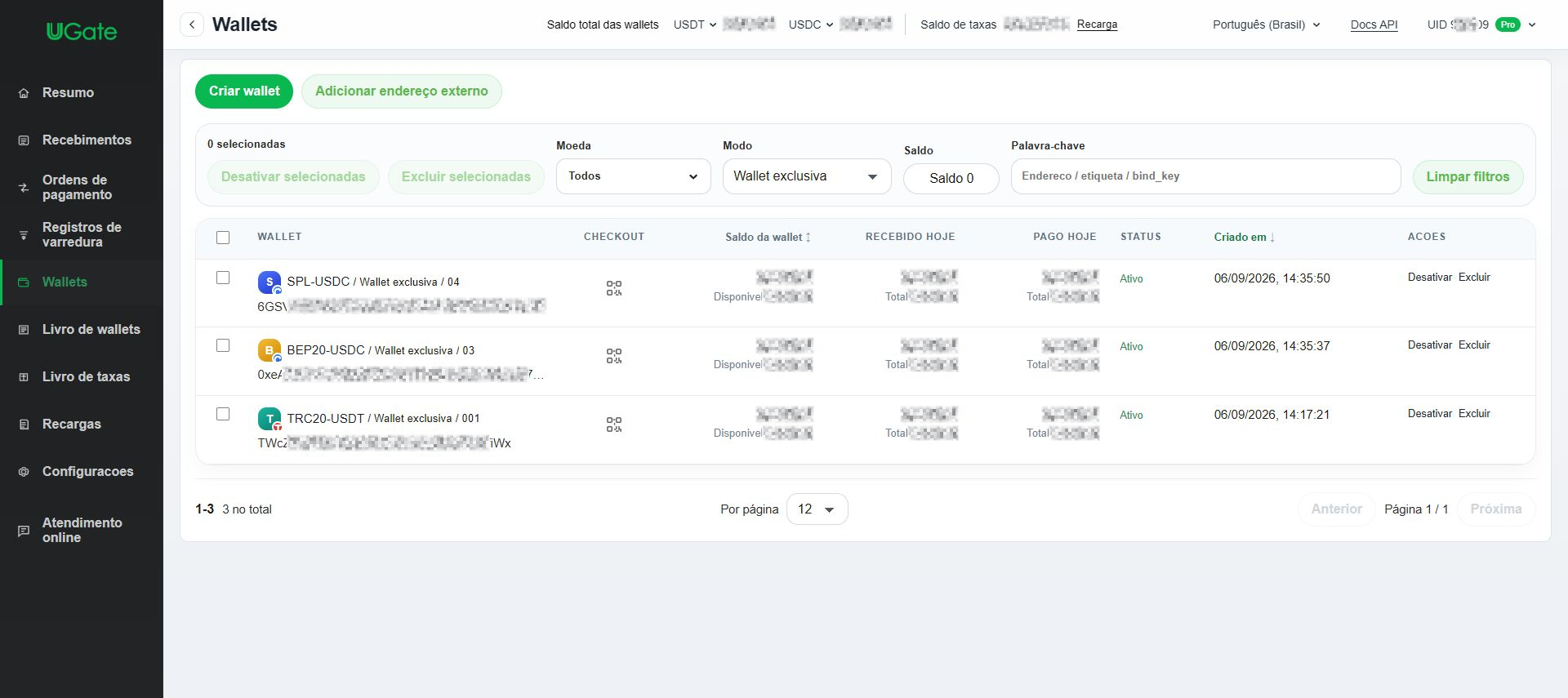 Wallet exclusiva para depósitos — recomendada, Etapa 1