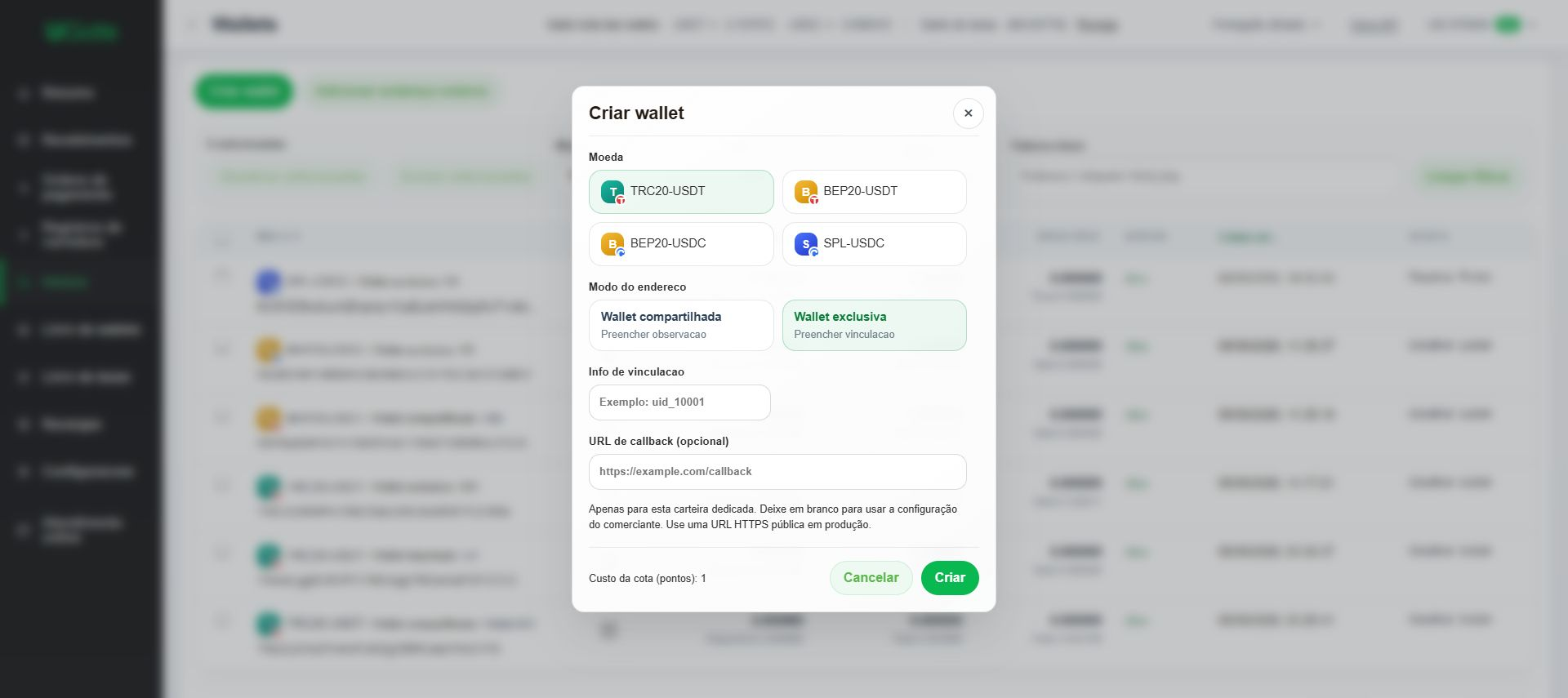 Wallet exclusiva para depósitos — recomendada, Etapa 2