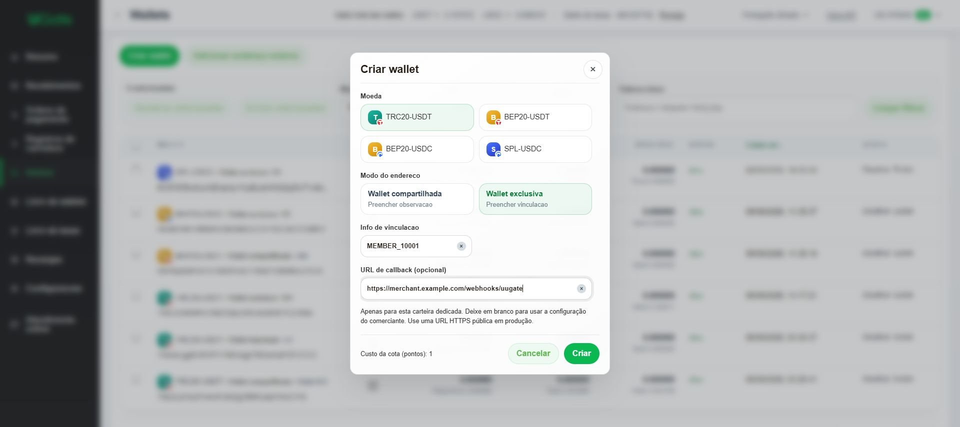 Wallet exclusiva para depósitos — recomendada, Etapa 3