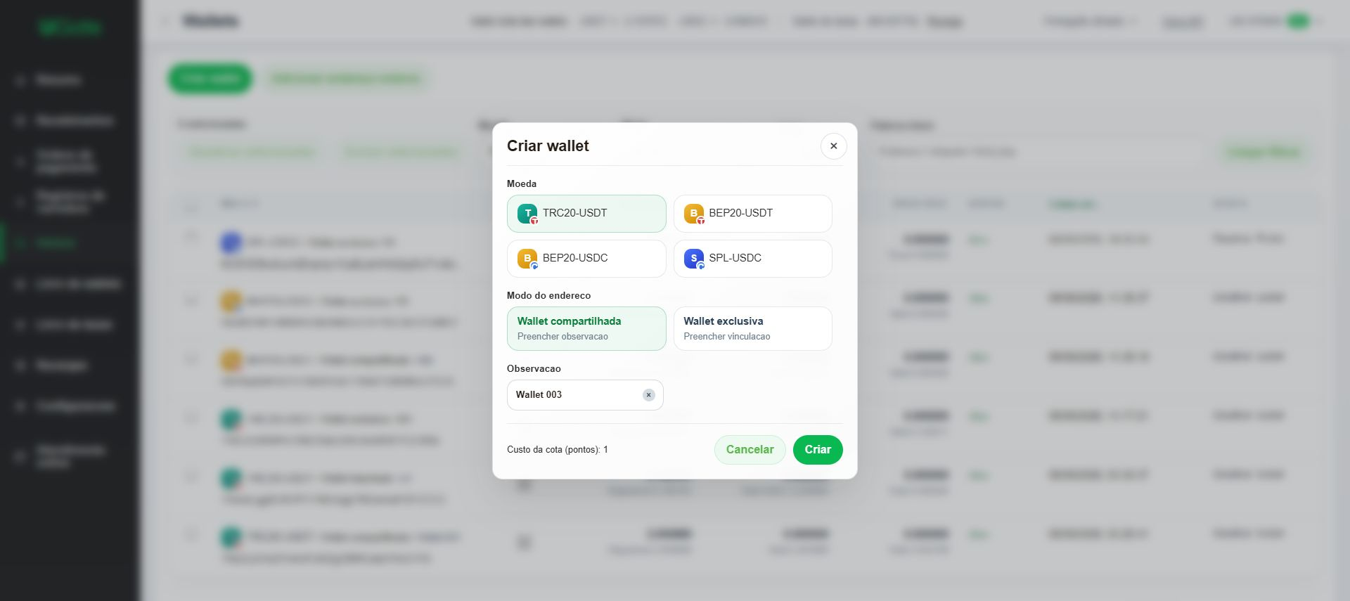 Escolher wallets compartilhadas, exclusivas ou externas, Etapa 2