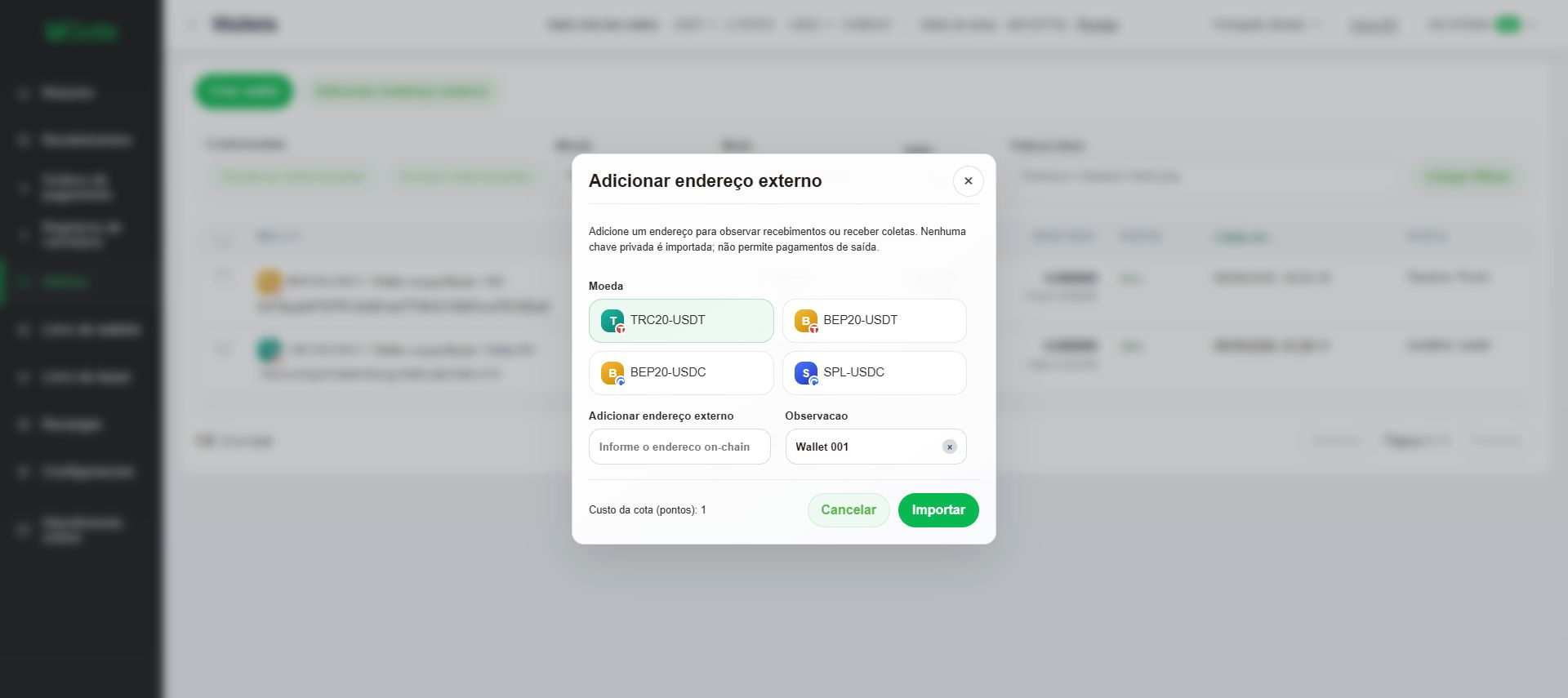 Escolher wallets compartilhadas, exclusivas ou externas, Etapa 3